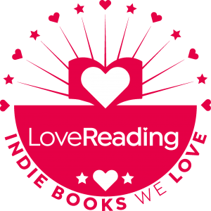 LoveReading sticker. Indie authors we love. Red circle with a white heart and red hearts and stars around the edge.